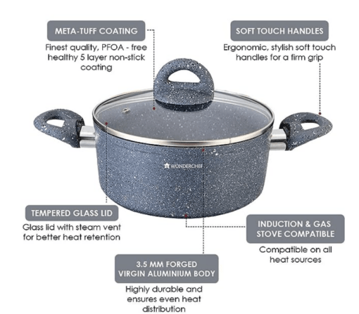 Wonderchef Granite 24 cm Non-Stick Casserole | Glass Lid |Induction Bottom | Soft-Touch Handles | Virgin Aluminium | PFOA and Heavy Metals Free | 3.5mm | 4 liters | 2 Year Warranty | Grey - Image 2